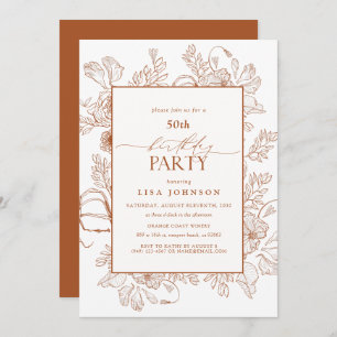 Invitation Elégant Burnt Orange 50e Anniversaire Floral Line