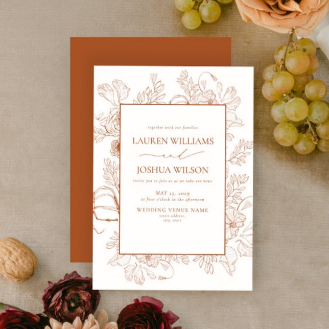 Invitation Elégant Burnt Orange Floral Line Art Mariage Invit (Créateur téléchargé)
