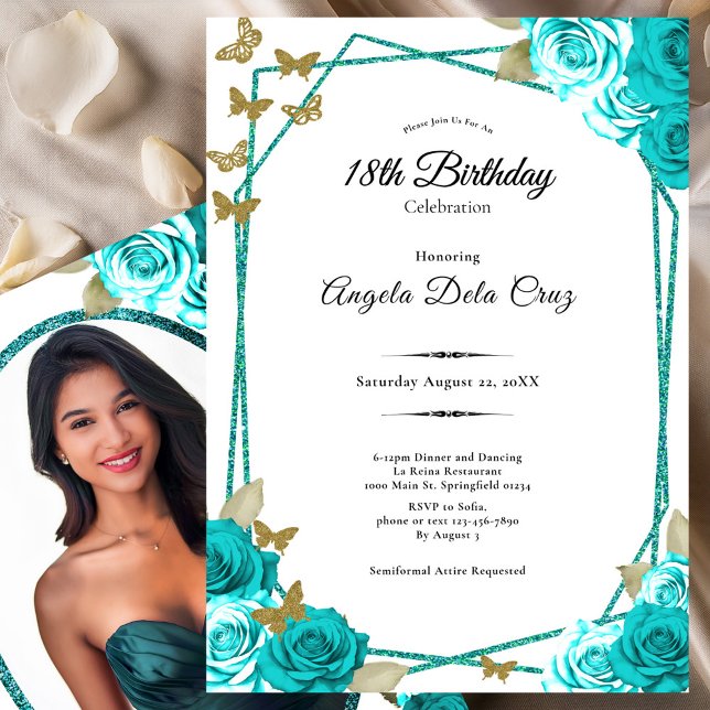 Invitation Elegant Butterflies Teal Roses 18th Debut Birthday (Créateur téléchargé)