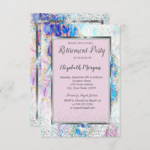 Invitation Élégant cadre argenté Confetti Opal Retirement