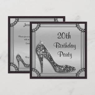 Invitation Élégant cadre argenté stiletto noir pour 20e anniv