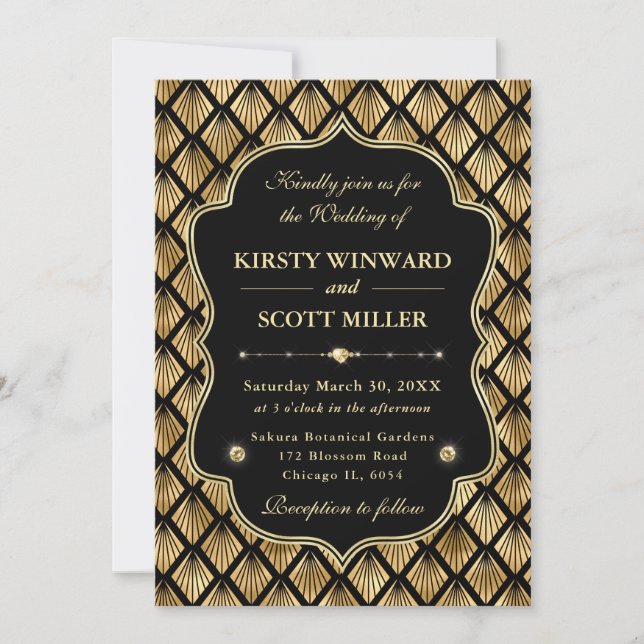 Invitation Élégant Cadre Art Déco Éventail Mariage Or (Devant)