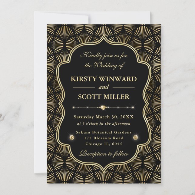 Invitation Élégant cadre Art Déco éventail or mariage (Devant)