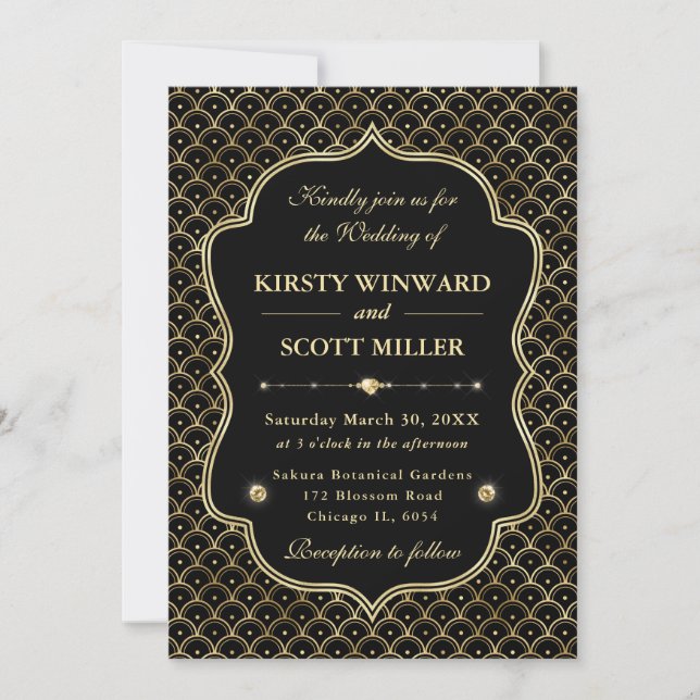 Invitation Élégant Cadre Art Déco Éventail Or Mariage (Devant)