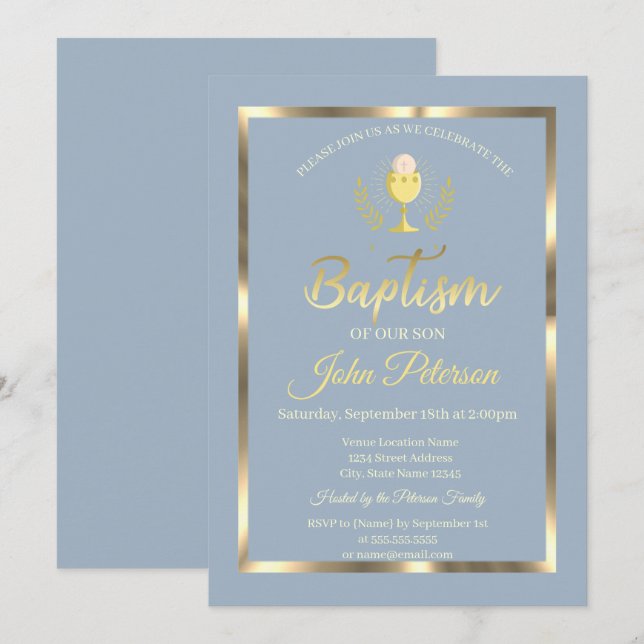 Invitation Elégant cadre Baptême Dusty Bleu (Devant / Derrière)