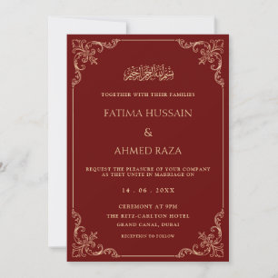 Invitation Élégant cadre baroque or bordeaux mariage musulman