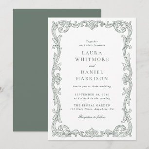 Invitation Élégant Cadre Baroque Vintage Vert Sauge Mariage