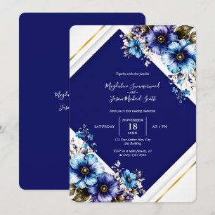 Invitation Elégant cadre bleu blanc or Aquarelle Fleurs