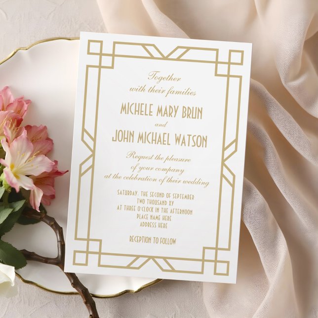 Invitation Elégant cadre classique Art Déco Mariage blanc or (Créateur téléchargé)