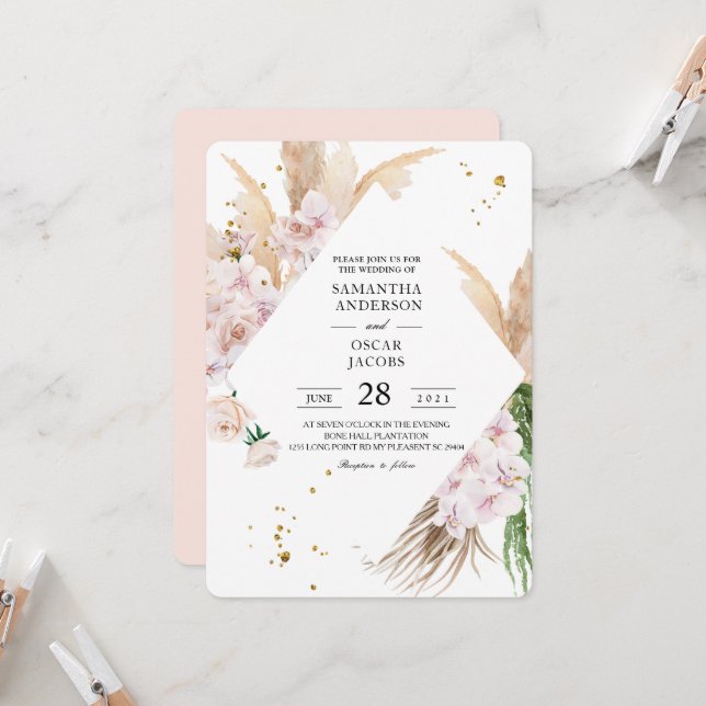 Invitation Elégant cadre de beauté Orchidées et Pampas  (Devant/Arrière en situation)