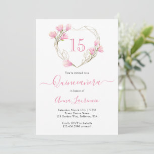 Invitation Elégant cadre de coeur rose floral Quinceanera