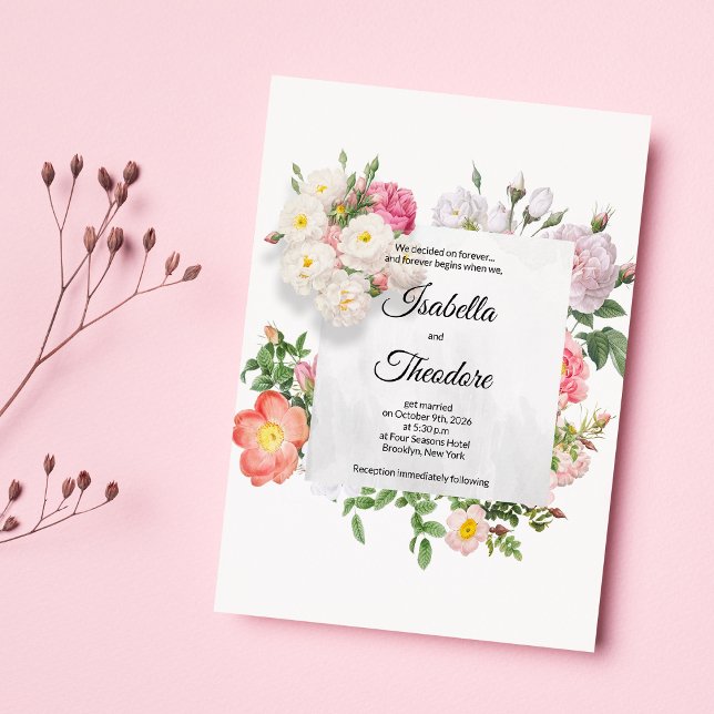 Invitation Élégant cadre de fleurs blanc rose classique Maria (Elegant classic pink white flower frame Wedding )