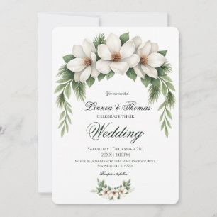 Invitation Elégant cadre de pin Mariage Magnolia blanc