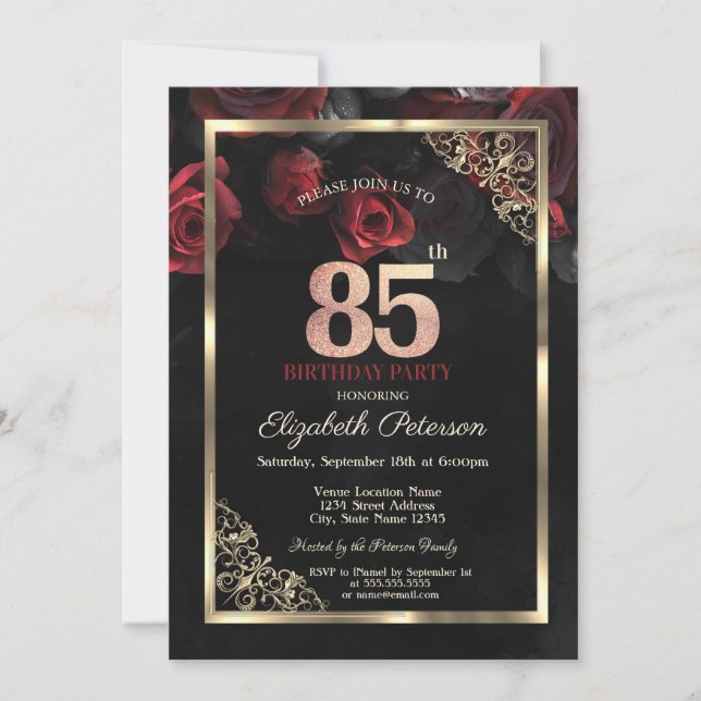 Invitation Elégant cadre de roses rouges Noir 85e anniversair (Devant)