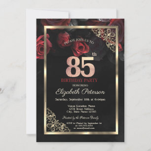 Invitation Elégant cadre de roses rouges Noir 85e anniversair