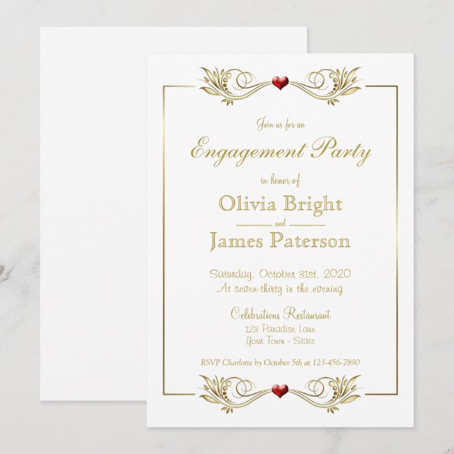 Invitation Elégant cadre d'or blanc Heart Engagement Party (Devant / Derrière)