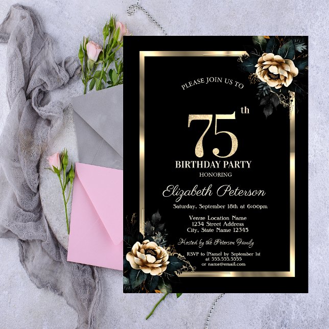 Invitation Elégant cadre d'or Flower Black 75e anniversaire (Créateur téléchargé)