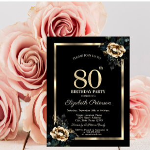 Invitation Elégant cadre d'or Flower Black 80e anniversaire