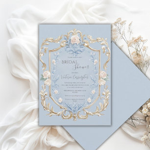 Invitation Élégant cadre doré floral bleu pour la douche de l