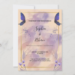 Invitation Élégant Cadre Doré Papillon Violet Mariage