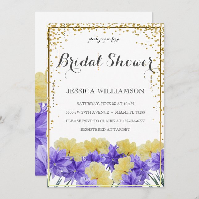 Invitation Élégant cadre Fleur sauvage doré, Fête des mariées (Devant / Derrière)