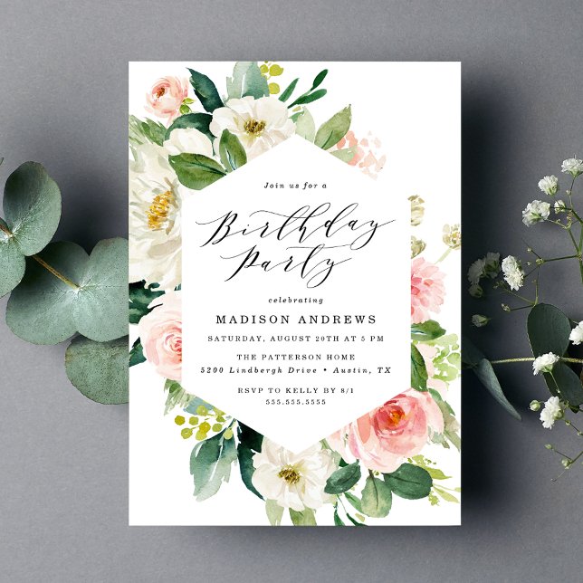 Invitation Elégant cadre floral Blush fête d'anniversaire (Créateur téléchargé)