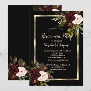 Invitation Elégant cadre Floral Or Bourgogne Rose Noir