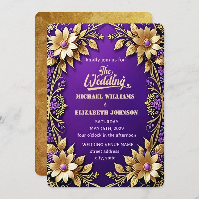 Invitation Elégant cadre Floral Or Mariage violet (Devant / Derrière)