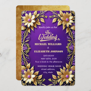 Invitation Elégant cadre Floral Or Mariage violet