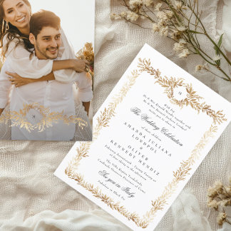Invitation élégant cadre floral or monogramme photo mariage