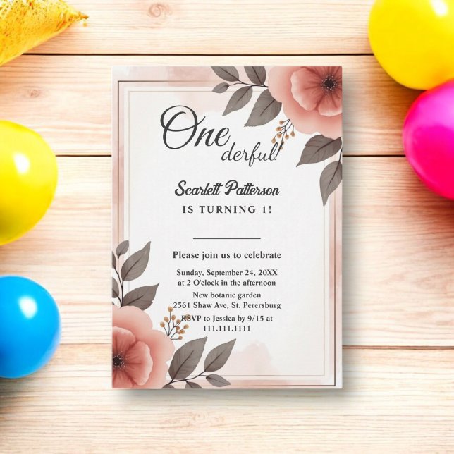 Invitation Elégant cadre floral romantique Rustique 1er anniv (Créateur téléchargé)