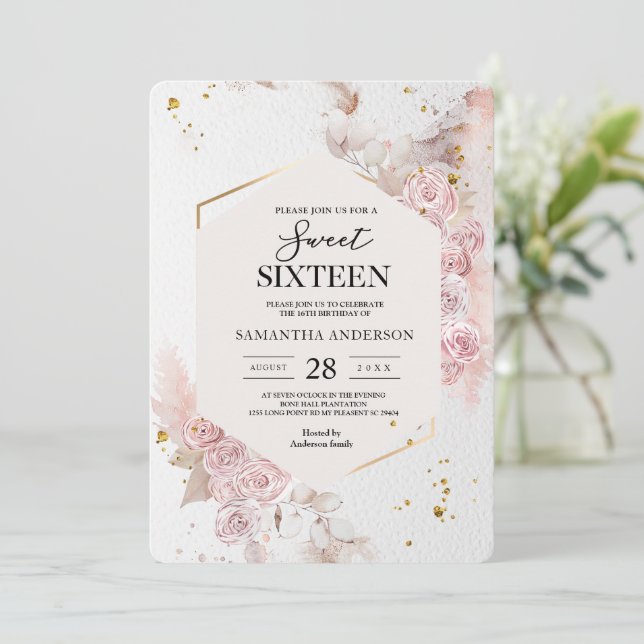 Invitation Elégant cadre floral rose pastel Fancy (Debout devant)