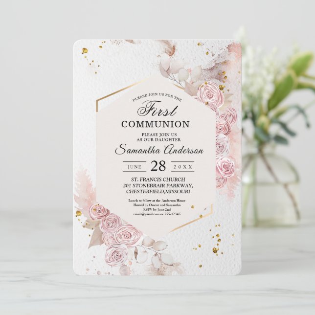 Invitation Elégant cadre floral rose pastel Fancy (Debout devant)