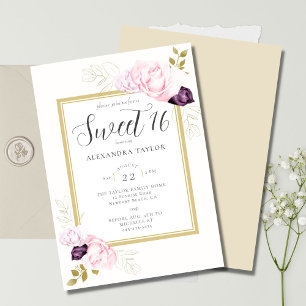Invitation Élégant cadre floral rustique Rose Gold Sweet 16