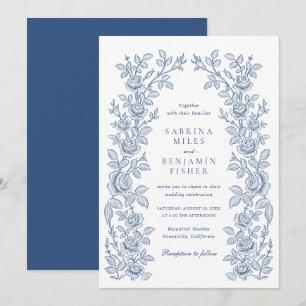 Invitation Élégant Cadre Floral Vintage Bleu Marine Mariage