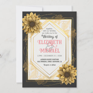 Invitation Elégant cadre Mariage Jaune Noir Tournesol Or