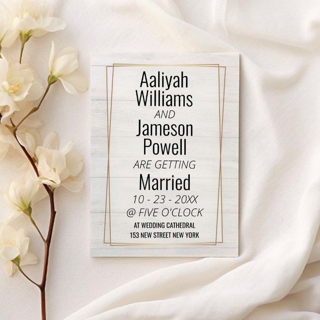 Invitation Élégant cadre or blanc Mariage de typographie bois (Elegant gold frame white wood typography Wedding)