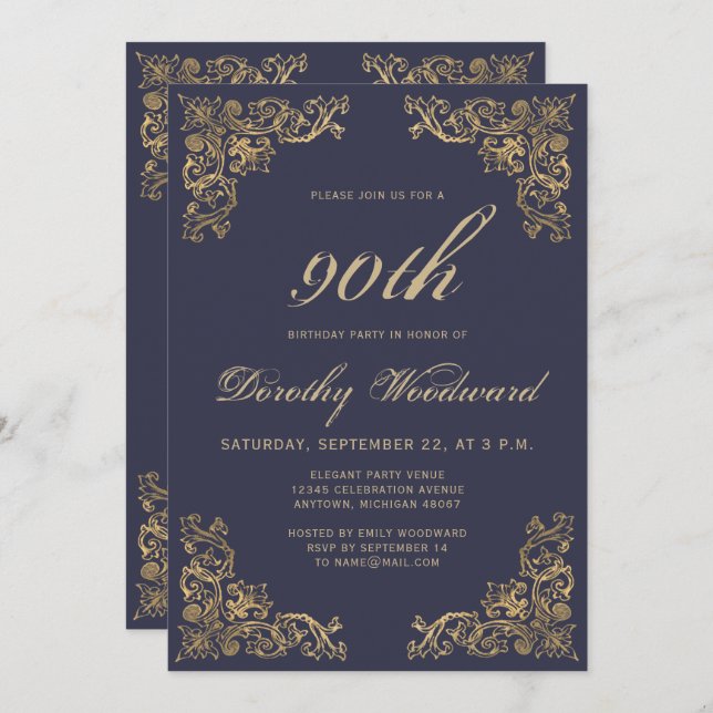 Invitation Elégant cadre or bleu marine foncé fête d'annivers (Devant / Derrière)