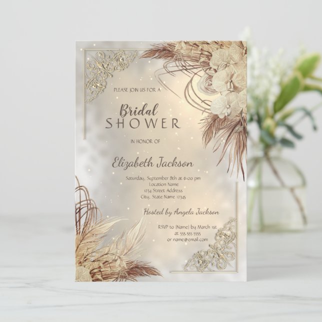 Invitation Elégant cadre or Boho Flowers Fête des mariées (Debout devant)