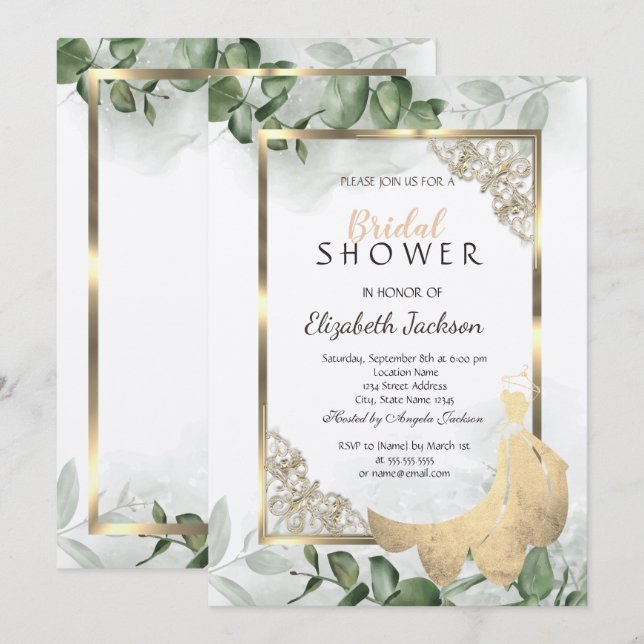 Invitation Elégant cadre or, Fête des mariées robe Eucalyptus (Devant / Derrière)