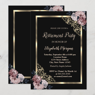 Invitation Élégant cadre or Fleurs retraite
