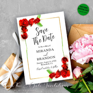 Invitation Elégant Cadre Or Floral Roses Rouge Enregistrer La