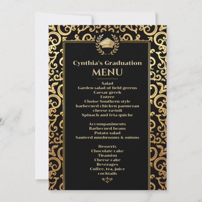 Invitation Elégant cadre or Graduation Dîner Menu (Devant)