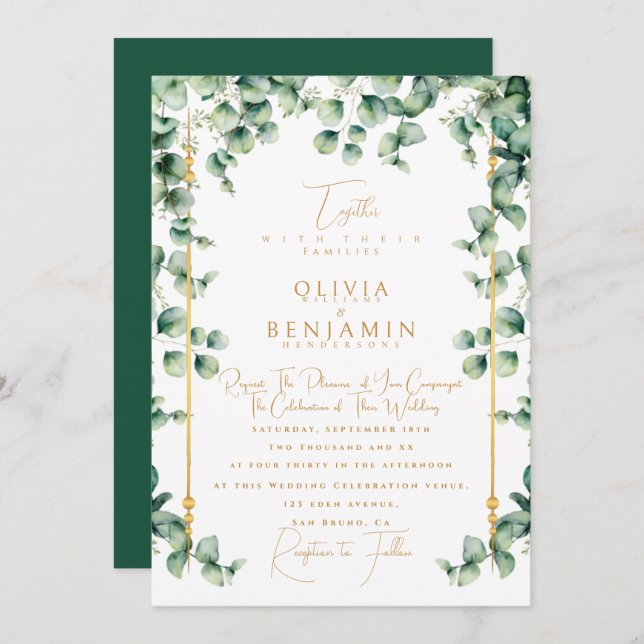 Invitation Elégant cadre or & Mariage de verdure Eucalyptus (Devant / Derrière)
