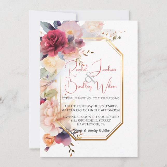 Invitation Elégant cadre or Mariage Vivid Floral Aquarelle (Devant)