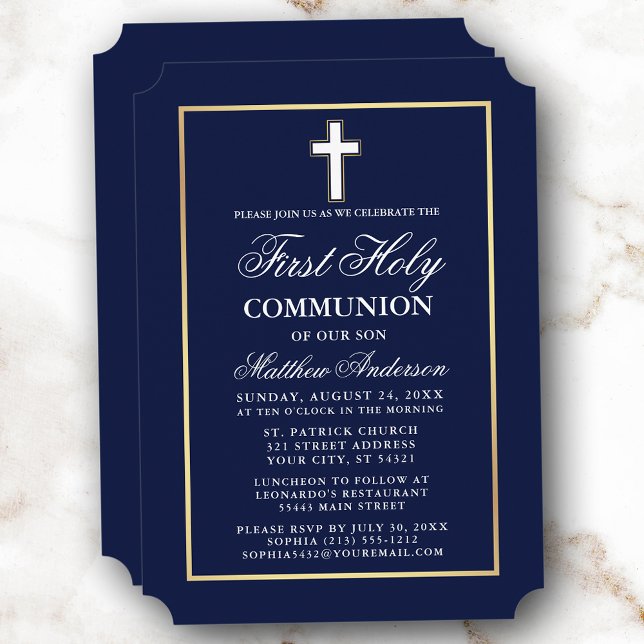 Invitation Elégant Cadre Or Marine Bleu Première Sainte Commu (Customize to change text size, style or color. )