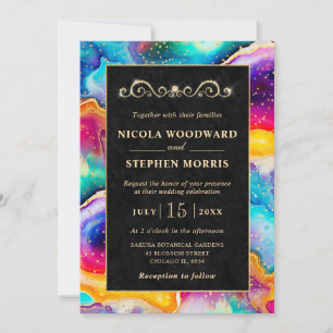 Invitation Elégant cadre or Rainbow Agate Mariage