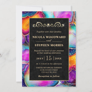 Invitation Elégant cadre or Rainbow Agate Mariage