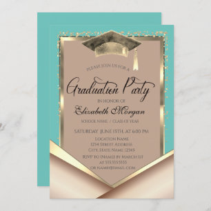 Invitation Elégant cadre Or Séquins Mint Green Graduation