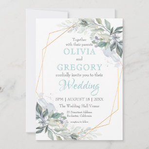 Invitation Elégant cadre Or Verdure Dusty Blue Mariage